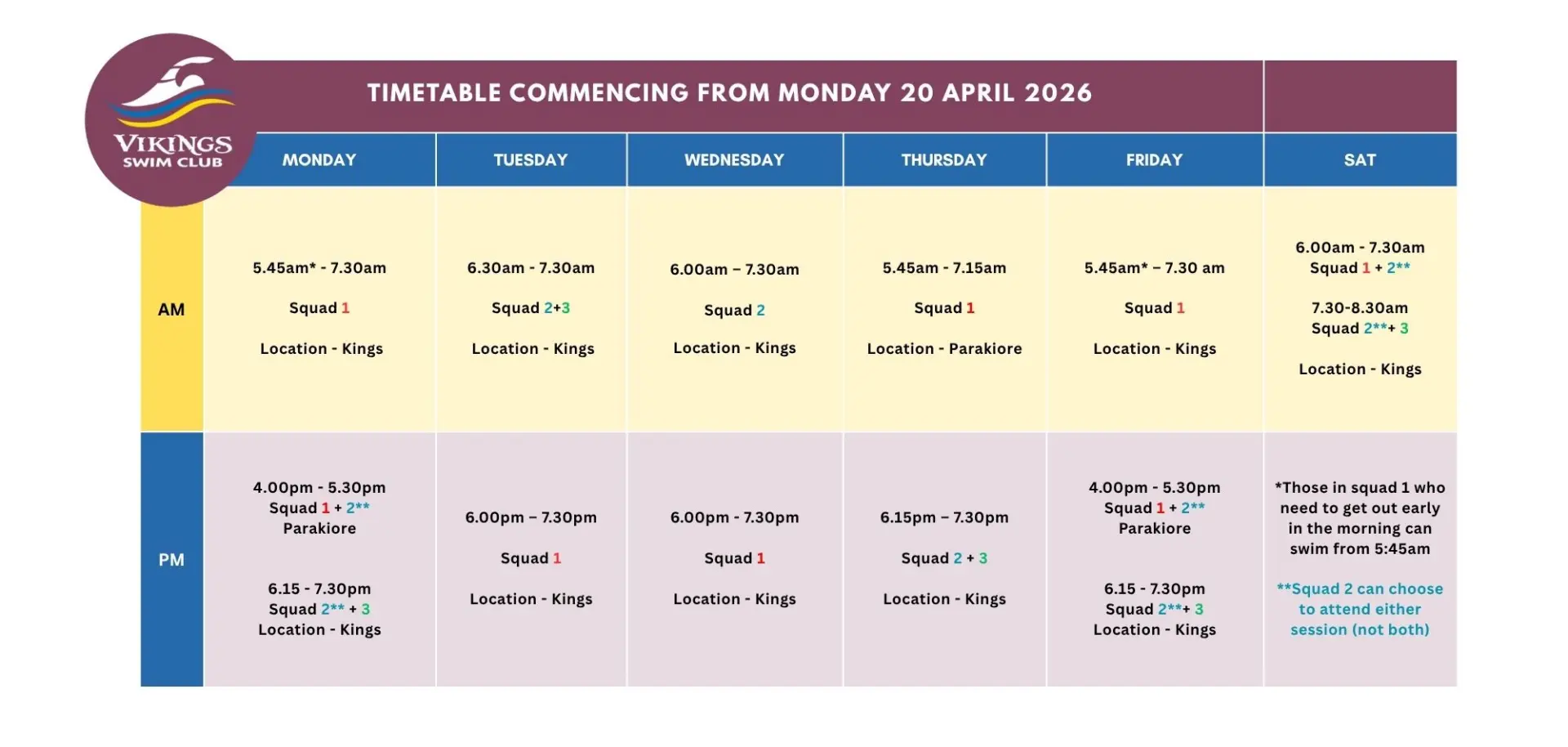 Vikings Squad Timetable