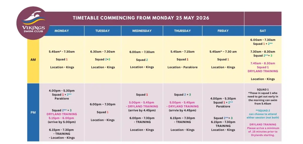 Vikings Swim Club Timetable