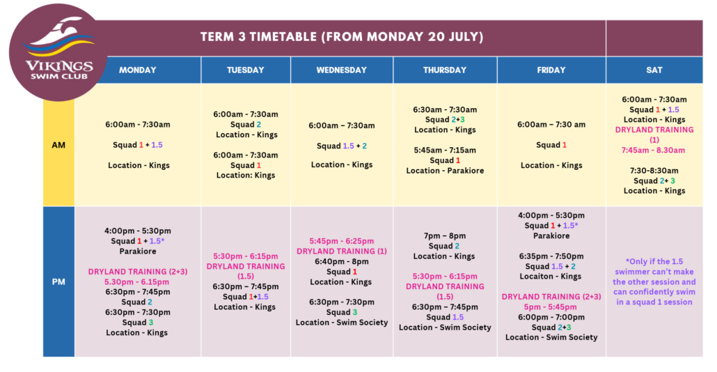 Vikings Swim Club Term 3 Timetable